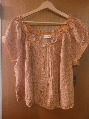 Lucky Brand Orange Paisley Button Front Peasant Blouse